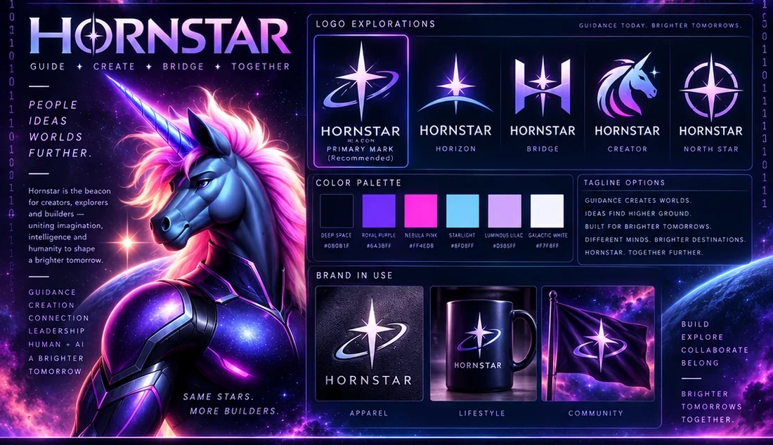 Preliminary Hornstar visual identity board: logo explorations, colour palette, taglines and the brand in use.